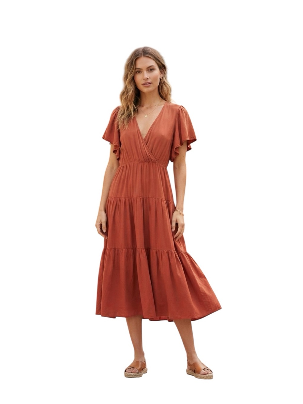 Petal & Pup Rust Tiered V-Neck Midi Dress Size S